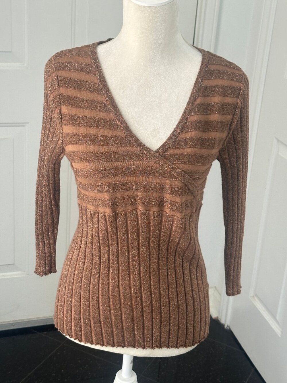 August Silk Copper Metallic Ribbed Surplice Sweater M